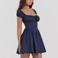 Square Collar Pleated Mini Dress For Women Navy Blue Fashion Short Sleeve Backless A-line Club Party Sexy Dress Elegant