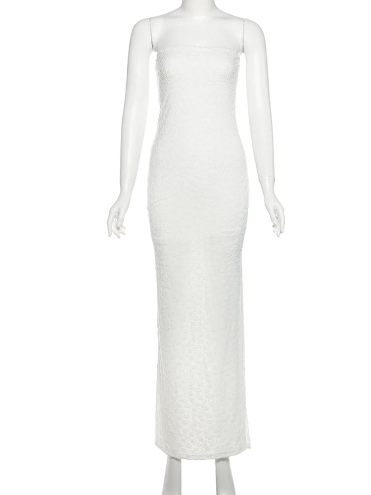 Wedding Side Slit Maxi Dress Women Y2K Strapless Sleeveless Jacquard Skinny Dinner Banquet Party Vacation Vestidos