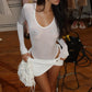 White Two Piece Sets for Woman Rhinestone Long Sleeve Bodysuit Top and Twisted Skirt Sexy Dress Set Fall 2025