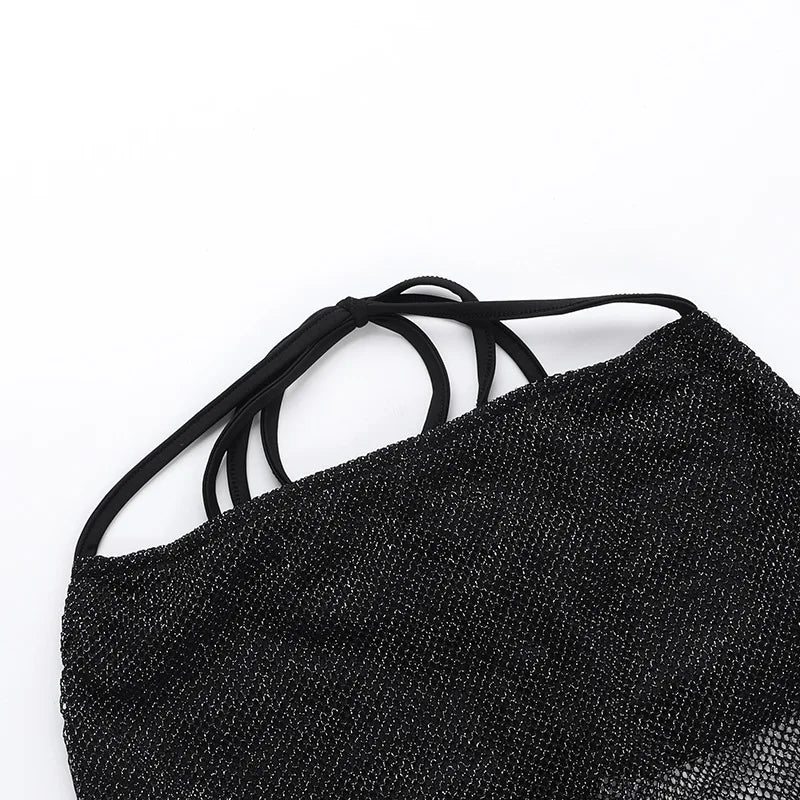 Sparkling Mesh 2 Piece Short Sets Women Hooded Crop Top Asymmetrical Skirt Sexy Rave Outfits Summer Co Ords