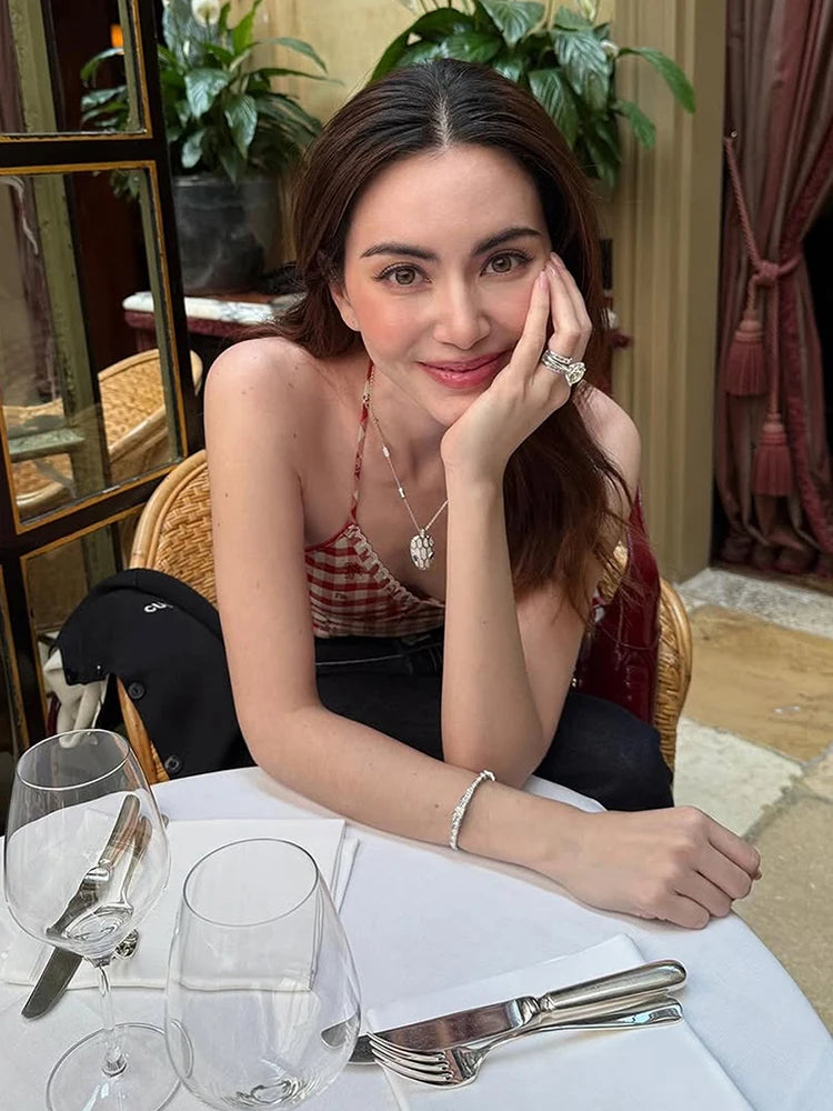 Plaid Camisole Women Halter Backless Patchwork Lace Side Slit Skinny Hottie Daily Midnight Classic Sweet V-Neck Vest