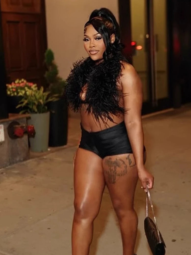 Sexy 2 Piece Set Women Mini Furs Tank Tops+Tight Stretch Shorts Y2K Summer Hipster Midnight Clubwear Party Outfits