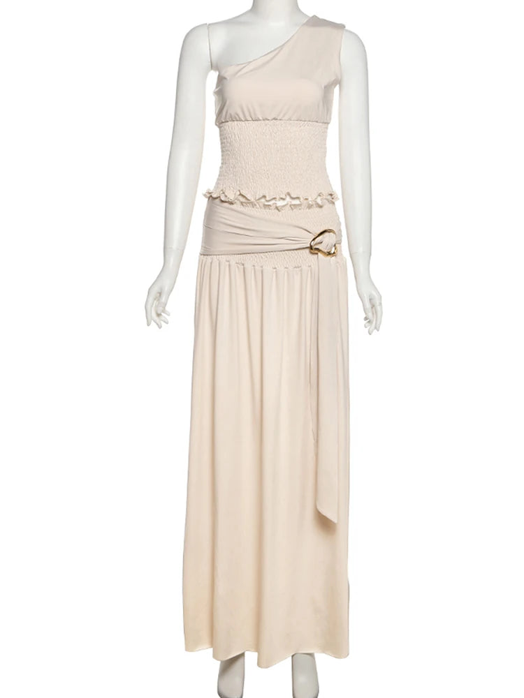 Ruched Elegant 2 Piece Set Women Skew Collar Backless Crop Tops+Metal Buckle Decoration Skirts Matching Solid Outfits