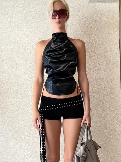 Folds PU Tank Tops Women Y2K Faux Leather Sleeveless Bandage Backless Halter Hip Hop Style Hottie Sexy Midnight Tops