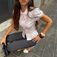 Women Elegant Peter Pan Collar Shirt Puff Short Sleeve Double Breasted Blouse Slim Peplum Hem Casual Office Ladies Tops