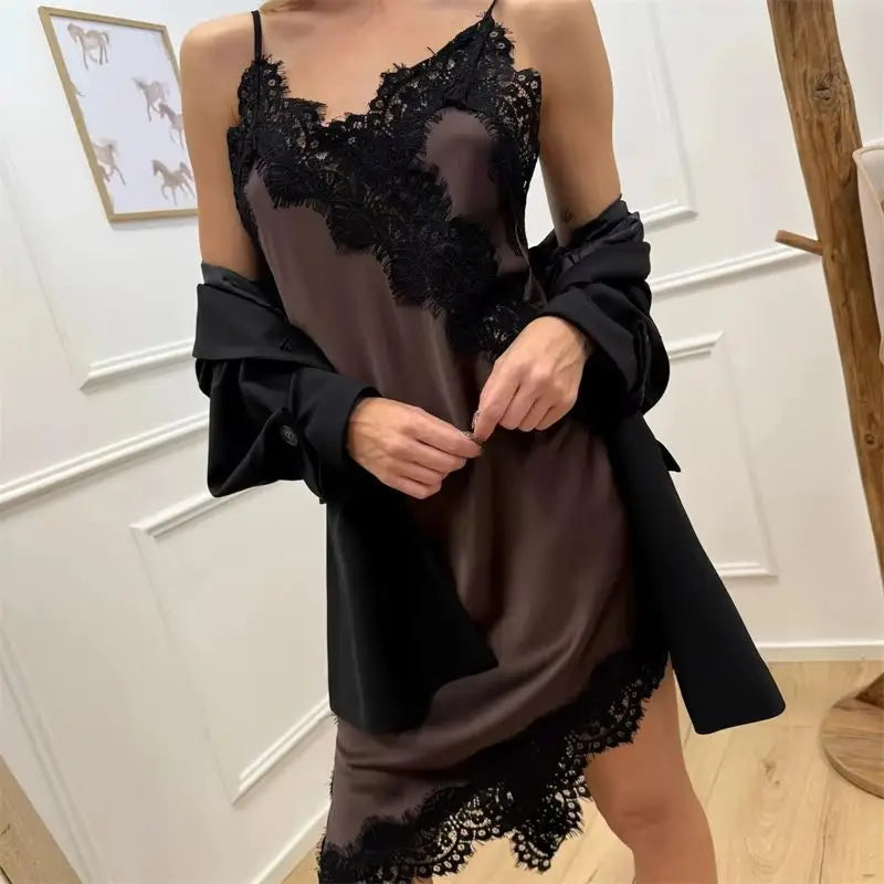 Sleeveless Spaghetti Strap V Neck Lace Patchwork Satin Dress Women's Midi Cami Dress Fashion Summer Party Club Dress