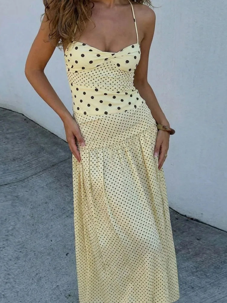 Polka Dot Halter Sexy Maxi Dress Women Gown Elegant Off-shoulder Sleeveless Backless Bodycon Club Party Long Dresses