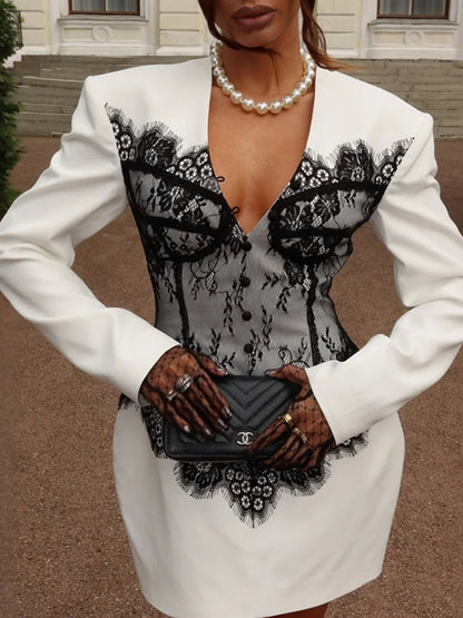 Lace Patchwork White Blazer Dress Winter Woman Elegant Fashion V Neck Long Sleeve Short Dresses