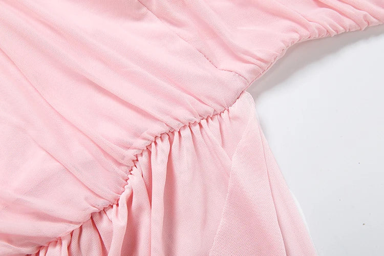Ruffles Tassel Dress Women Folds Low-Neck Patchwork Mesh Sleeveless Sweet Elegant Prom Party Summer Chic Mini Bodycon