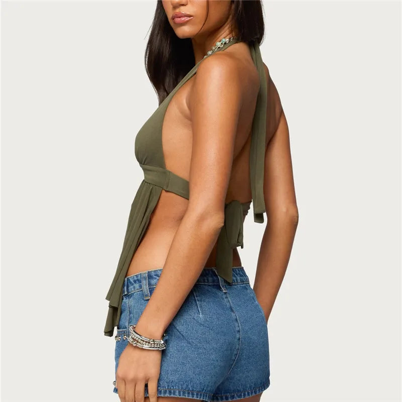 Y2K Women Open Front Halter Camisole Deep V O-Ring Decor Back Tie Backless Ruffle Hem Sleeveless Retro Street Party Tank