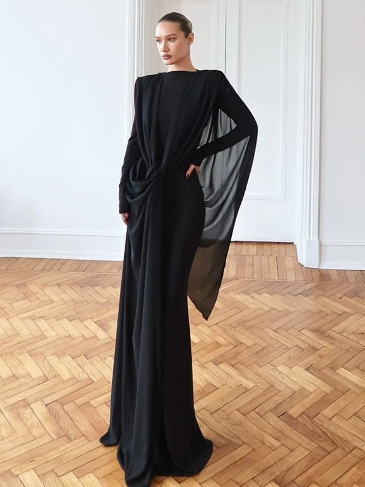 Irregular Mesh Ribbon Design Maxi Dresses Long Sleeve White Black Party Dress Elegant Luxury Evening Gown