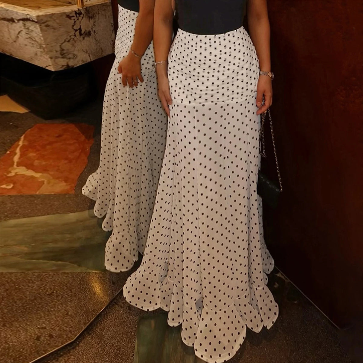 Polka Dot Floor-length Chiffon Skirt French Style Ruffled Mesh A-line Skirts Elegant Maxi Bottoms High Waist Streetwear