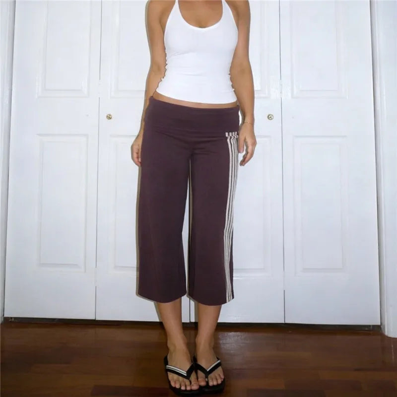 Y2K Vintage Women Low Rise Fold Waist Capri Pants Side Striped Cropped Flare Trousers Casual Going Out Sports Pants