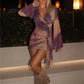 Tassel Decoration Chic Contrast Patchwork Print Dress Woman V-Neck Full Sleeve Midnight Club Party Fashion Mini Bodycon