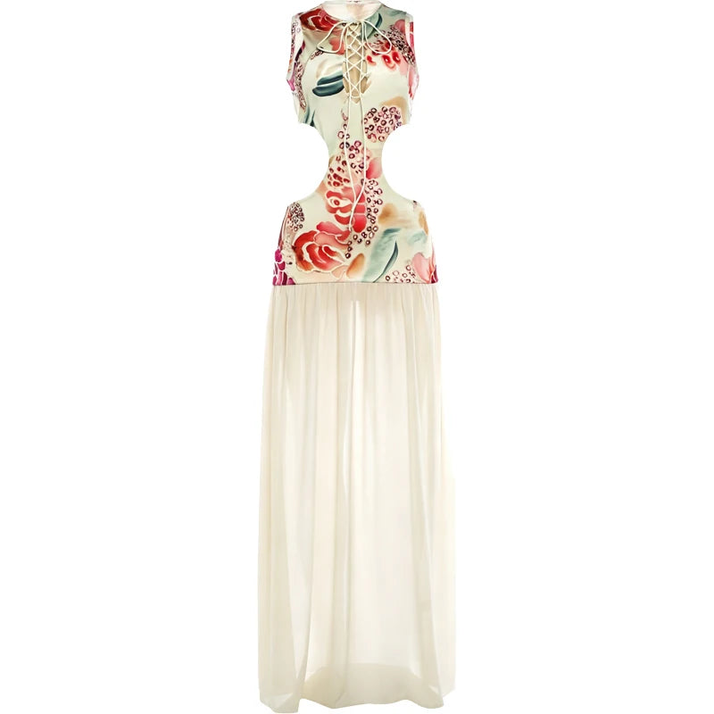 Sexy Shirring Backless Dress Women  Fashion Colorful Floral Print Hollow Patchwork Sleeveless Elegant Party Bodycon