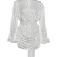 Sexy Deep V-Neck Mesh Dress Women Trend Polka Dot Print Lantern Sleeve Ruched Patchwork Chic Party Peach Hip Bodycon
