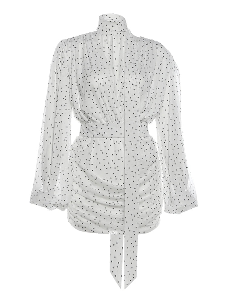 Sexy Deep V-Neck Mesh Dress Women Trend Polka Dot Print Lantern Sleeve Ruched Patchwork Chic Party Peach Hip Bodycon