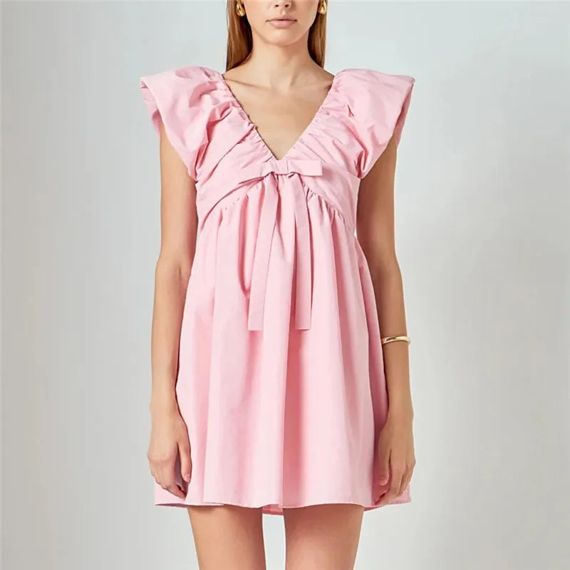Women's Mini Dress Casual A Line Stylish Decorative Bow V Neck Flying Sleeve Dress for Spring Summer Sweet Girl Sundress