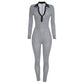 Stripes Print Jumpsuit Women Lapel Full Sleeve Skinny v-Neck Elasticity Autumn Fashion Classic Midnight Streetwear