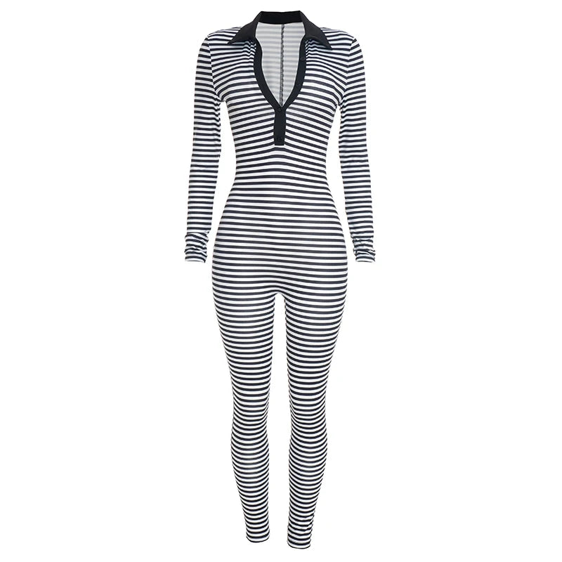 Stripes Print Jumpsuit Women Lapel Full Sleeve Skinny v-Neck Elasticity Autumn Fashion Classic Midnight Streetwear
