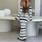 Knit Stripe Women 2 Piece Set Halter Slash Neck Lace Up Long Sleeve Tops and Maxi Skirts Sexy Mujer Club Midnight Suit