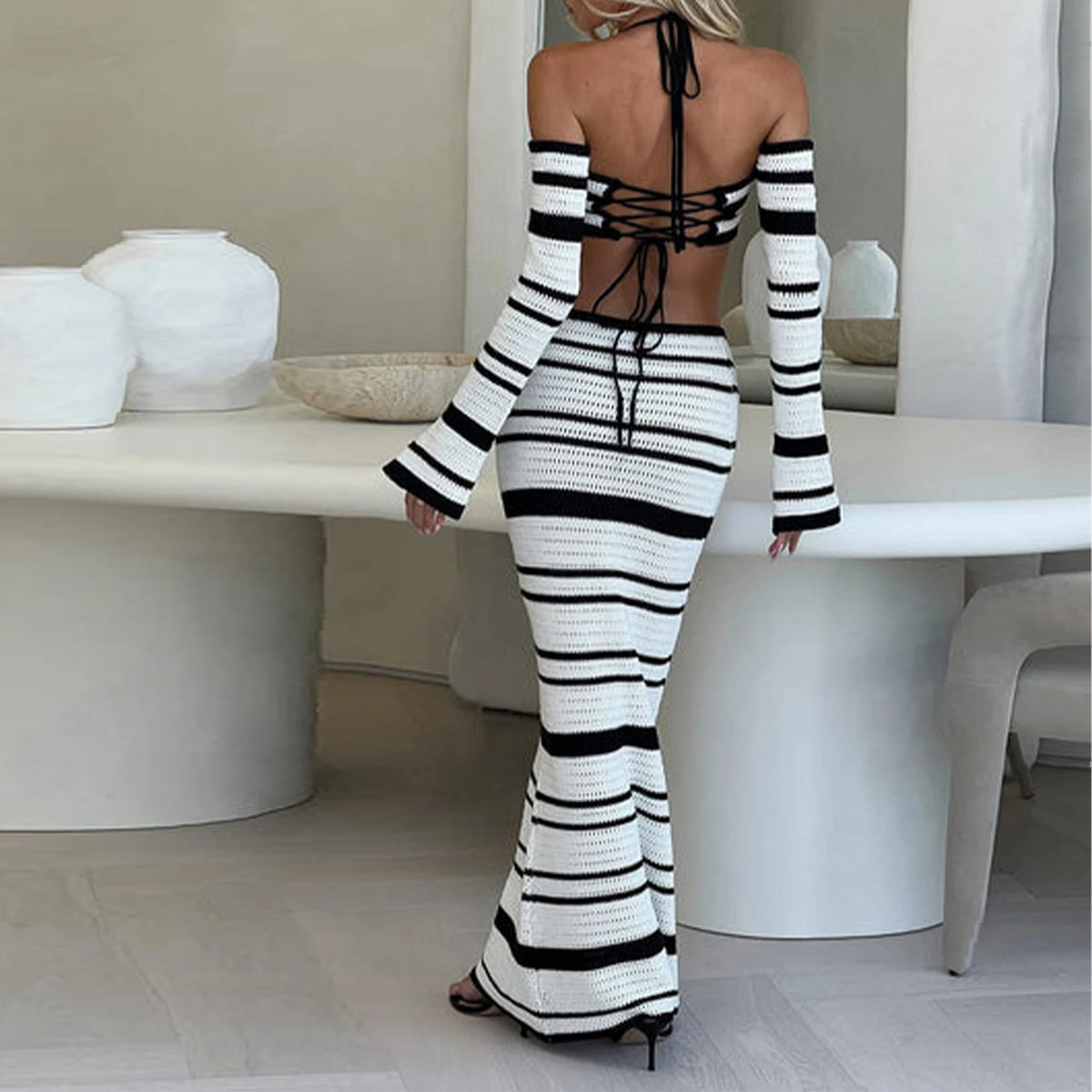 Knit Stripe Women 2 Piece Set Halter Slash Neck Lace Up Long Sleeve Tops and Maxi Skirts Sexy Mujer Club Midnight Suit