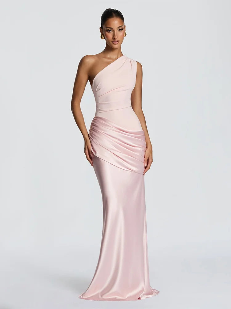 Satin Splicing One Shoulder Draped Maxi Dress Evening Gown Woman Party Dresses Elegant Sexy
