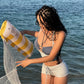 Plaid 2-Piece Set Bandage Halter Patchwork Bead Decoration Hollow Low-Neck Vest+Drawstring Simple Short Party Suit