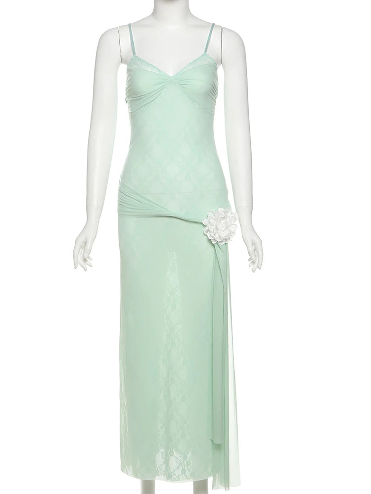 Sexy Appliques Dress Women Sleeveless Backless Patchwork Ruched Low Neck Beach Vacation Party Elegant Mesh Bodycon