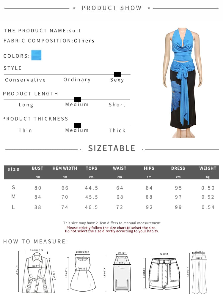 Sexy 2-Piece Set Women Halter Swing Collar Backless Tank Tops+Print Patchwork Tassels Folds Skirt Chic Vacation Suit