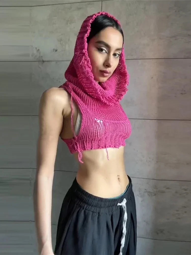 Hooded Sleeveless Knitted Sweater Vest Streetwear Fashion Sexy Y2k Crop Top Autumn Clothes Women 2023