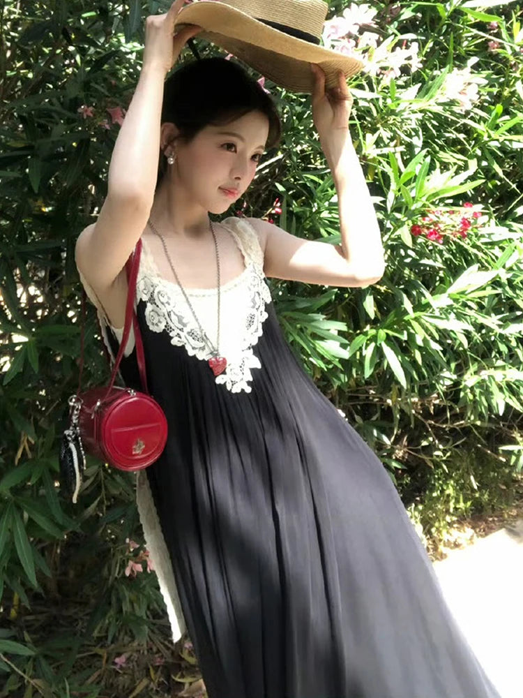 Summer Daily Vacation Patchwork Lace Tassel Maxi Dress Women Folds Loose Sleeveless Backless Fashion Leisure Vestidos