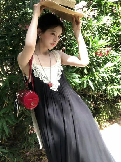 Summer Daily Vacation Patchwork Lace Tassel Maxi Dress Women Folds Loose Sleeveless Backless Fashion Leisure Vestidos