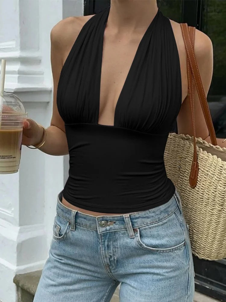 Light Blue Tie Up Deep V Neck Backless Crop Top Summer 2025 Woman Clothing Y2k Streetwear Sexy Tank Tops