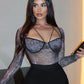 Letter Print Tops Women See Through Halter Lace-Up Long Sleeve Autumn Sexy Trend Hottie Midnight T-shirt Clubwear