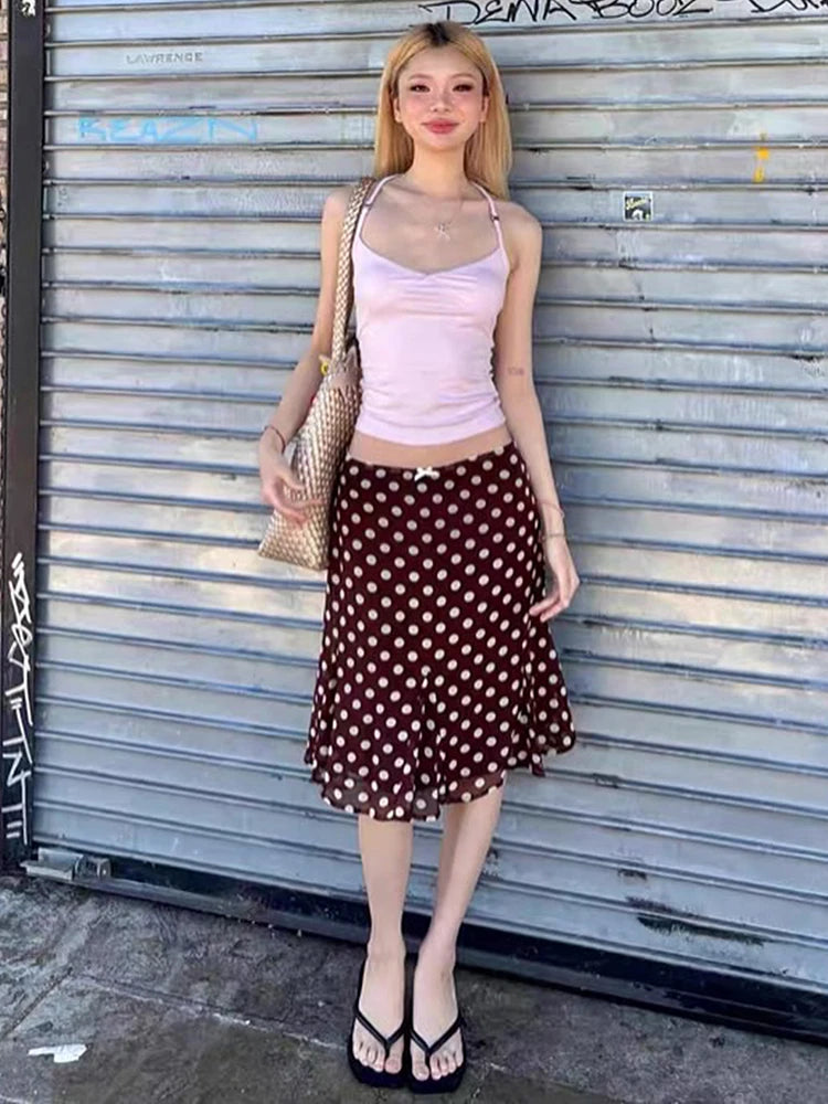 Sweet 2-Piece Set Women v-Neck Solid Camisole+Ribbon Bow Decoration Polka Dot Print Skirt Summer Party Vacation Suit