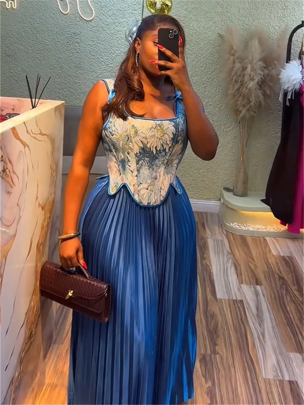 Elegant 2-Piece Set Women Irregular Hem Shirring Floral Fishbone Tank Tops+Pleated Long Skirts Evening Party Outfits