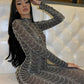 Mesh See Through Long Dress Women Rhinestones Decoration Full Sleeve Skinny Wrap Hip Midnight Sexy Coquette Vestidos
