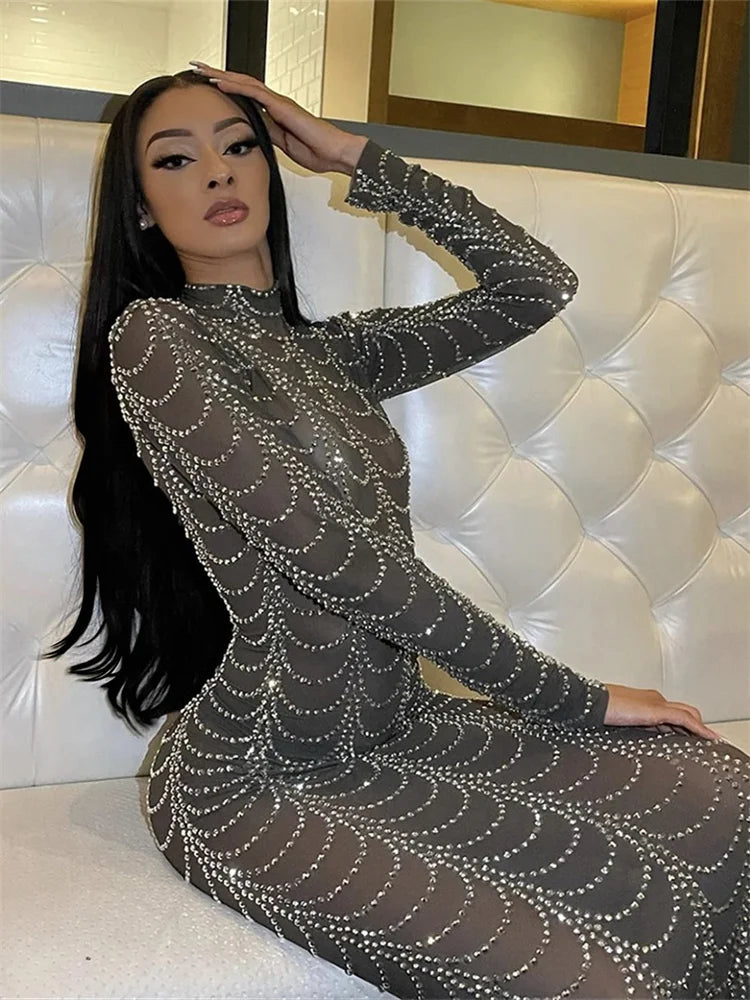 Mesh See Through Long Dress Women Rhinestones Decoration Full Sleeve Skinny Wrap Hip Midnight Sexy Coquette Vestidos