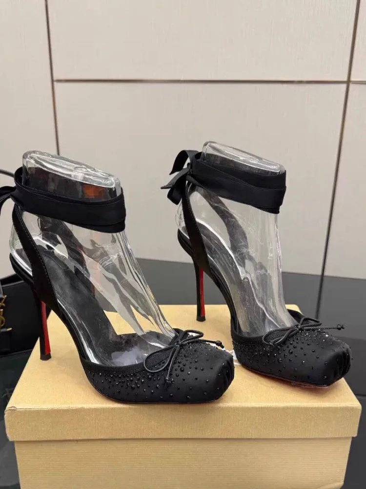 2026 Women's New Summer Square Satin High Heel Sandals with Ankle Strap, Fashionable Party and Banquet Ballet High Heels