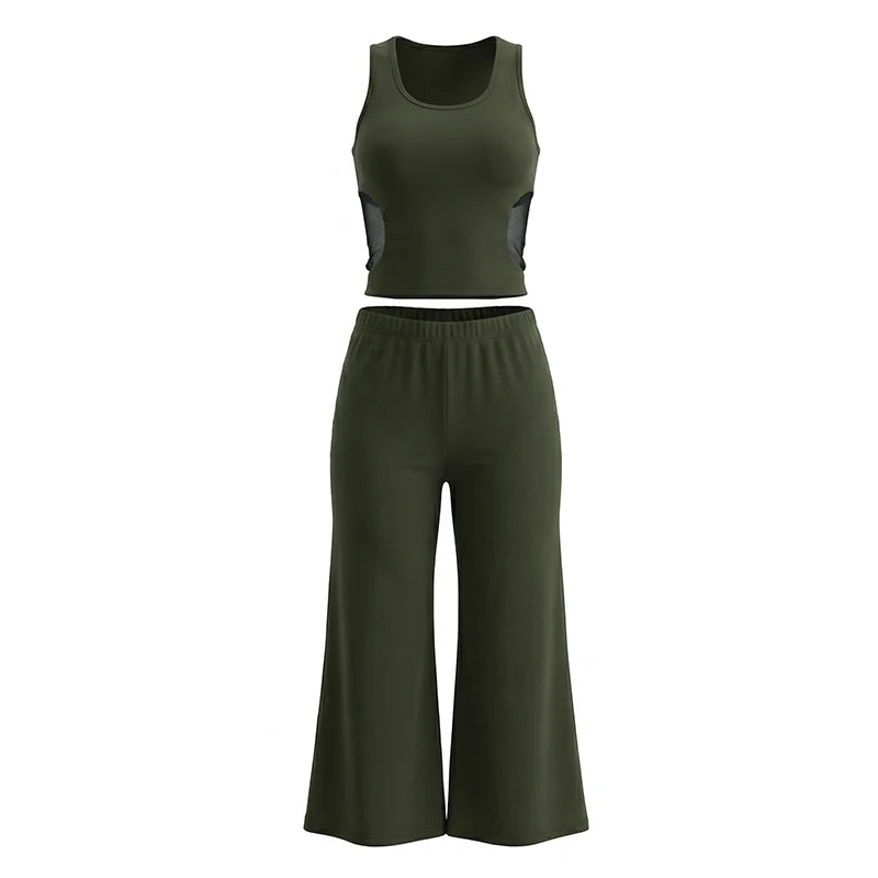 Leisure 2-Piece Set Women Patchwork Mesh u-Neck Vest+Flared Pant Legs Short Classic Simple Summer Fashion Streetwear