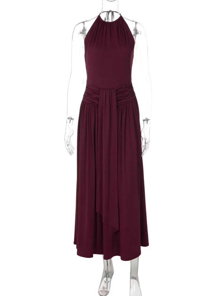 Women Halter Neck Sexy Maxi Dress Sleeveless Ruched Waist Draped Long Dress Elegant Evening Party Wedding Guest Dresses