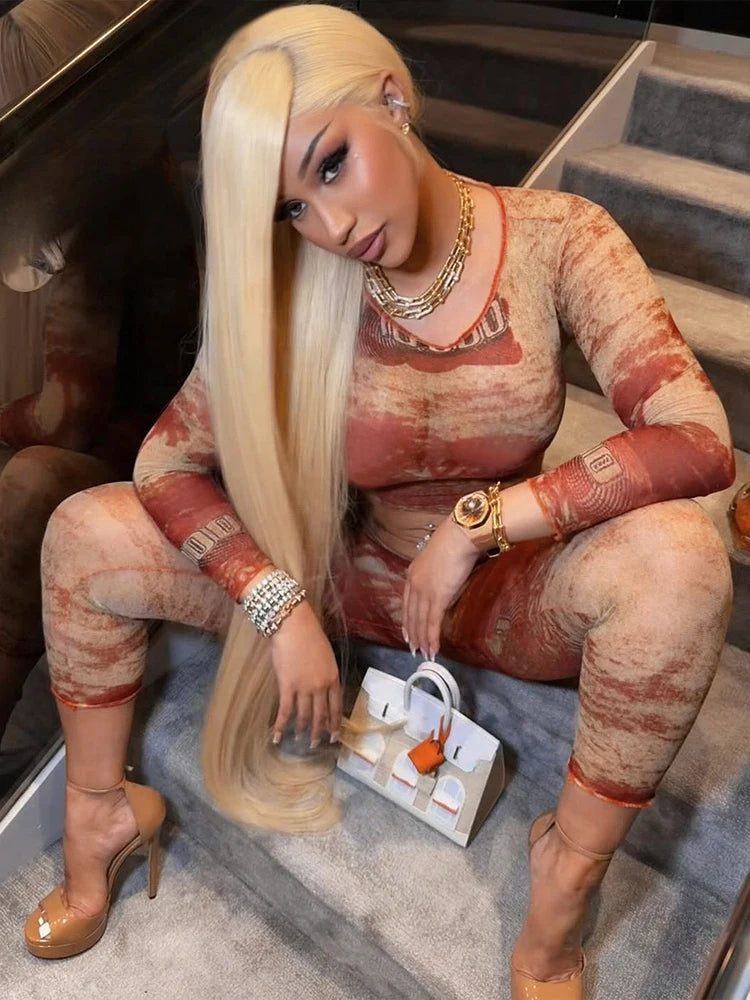 See Through Women 2 Piece Set Sexy Print Coquette Crop Tops+Leggings Stretch Tight Clubwear Matching Summer Outfits