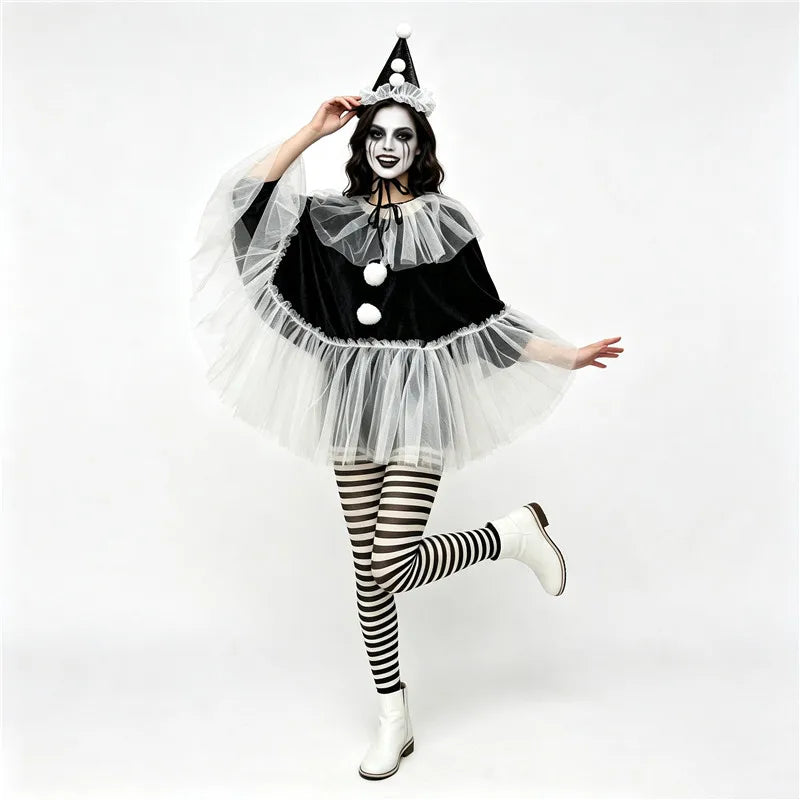 Circus Pierrot Clown Costume Women Short Cape Top Tulle Trim Pom Pom Decor Halloween Themed Cosplay Fancy Dress Outfit