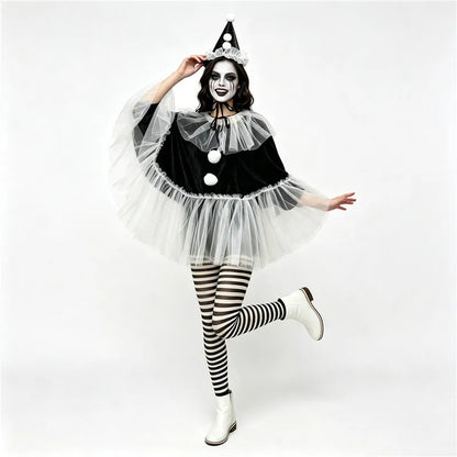 Circus Pierrot Clown Costume Women Short Cape Top Tulle Trim Pom Pom Decor Halloween Themed Cosplay Fancy Dress Outfit