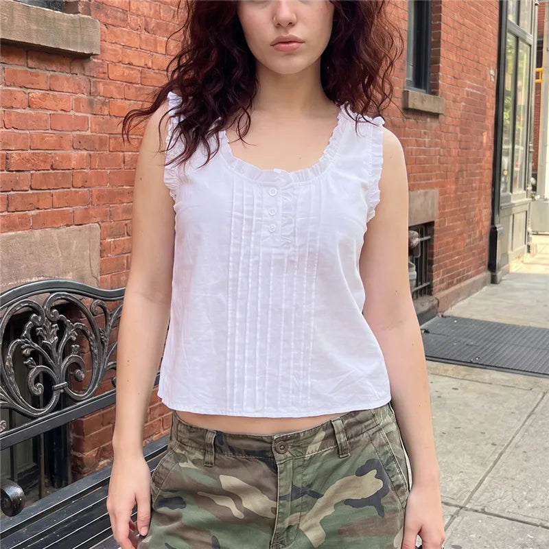 Women Ruffle Trim Sleeveless Cropped Tank Top U‑Neck Pleated Half Button Blouse Vintage Summer Casual Daily Vest Tops