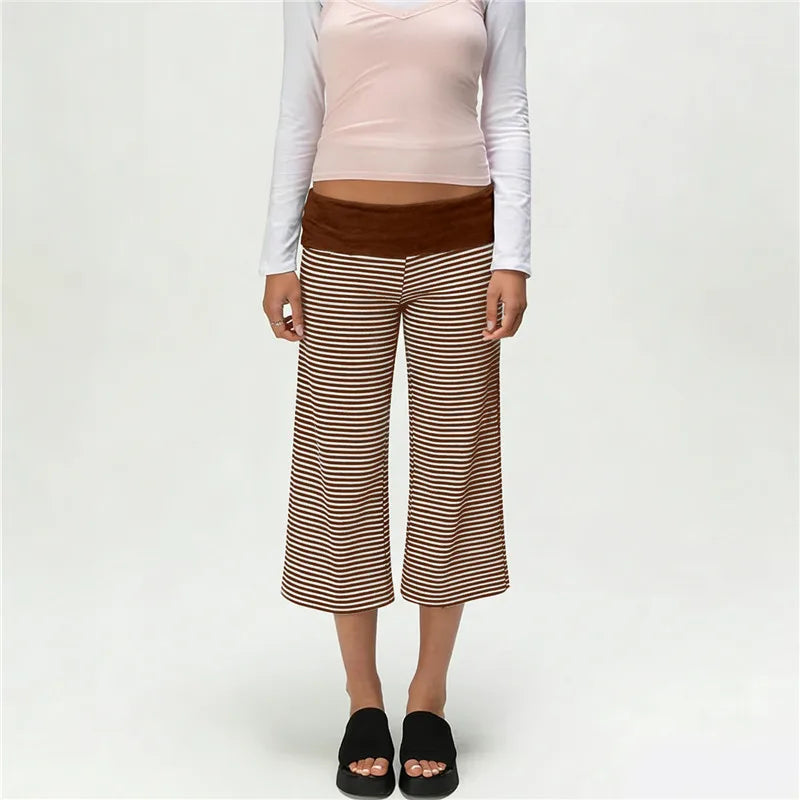 Fold Over Gaucho Pants for Women Flowy Wide Leg Yoga Capris Summer Casual Elastic Low Rise Cropped Palazzo Culottes