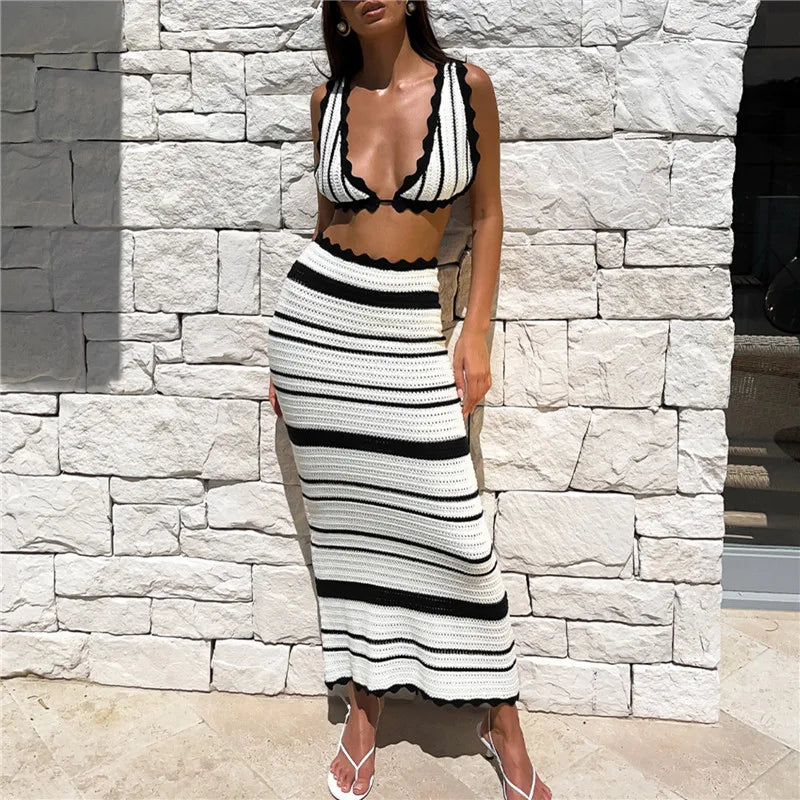 Chic Women 2Pcs Knit Skirt Outfits Stripe Print Crop Tank Tops with High Waist Slim Long Skirt Set Beach Holiday Clothes