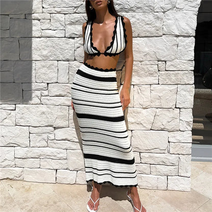 Chic Women 2Pcs Knit Skirt Outfits Stripe Print Crop Tank Tops with High Waist Slim Long Skirt Set Beach Holiday Clothes