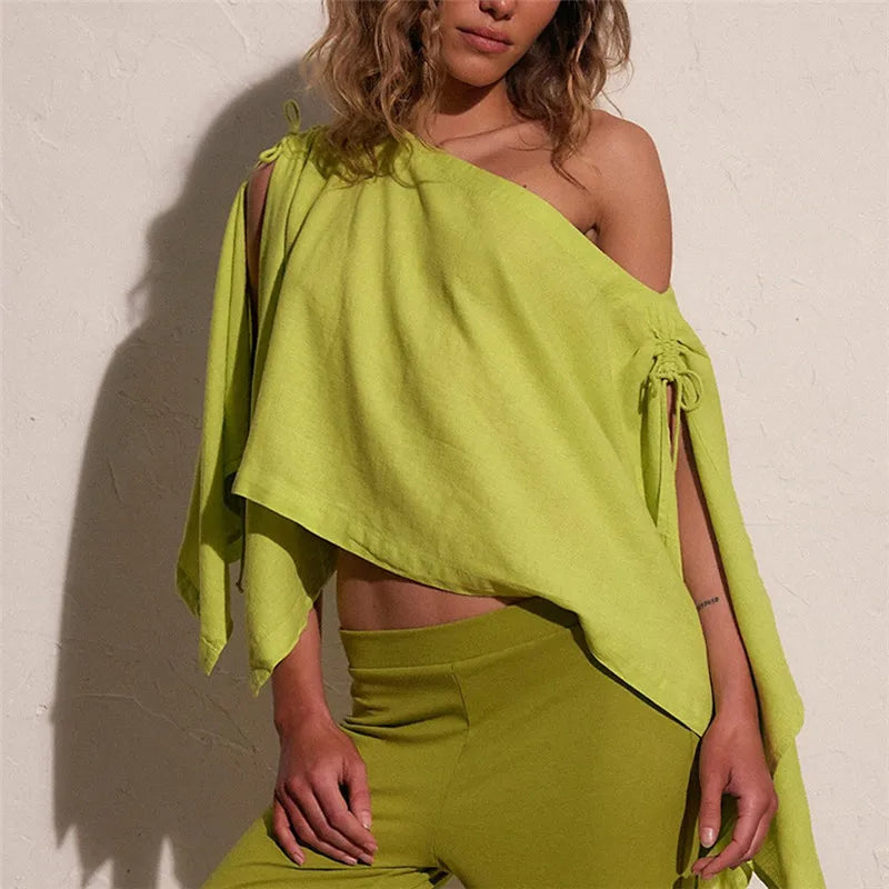 Women's Cape Tops Summer Bohemian Off One Shoulder Solid Color Loose Fit Split Sleeve T Shirts Summer Beach Cover Ups